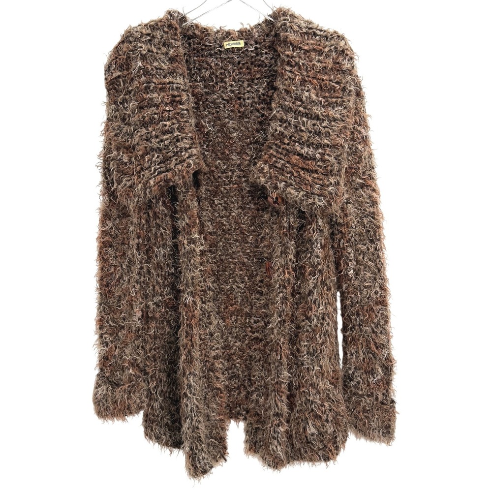 Pachamama Shaggy Eyelash Knit Cardigan L Brown Shawl Collar Button Up Sweater